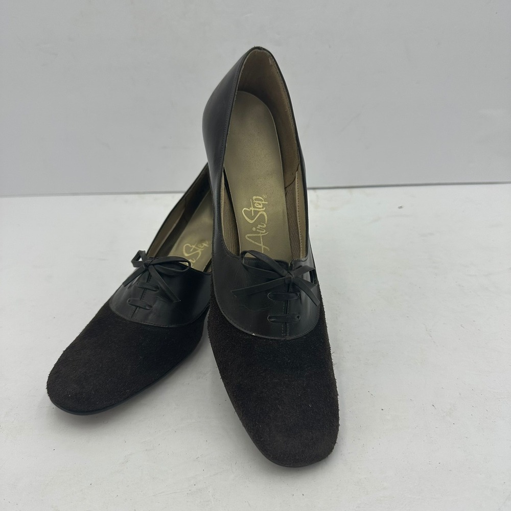 Air Step Vintage‎ Brown Leather Suede Lace Up Bow Block Heel Pumps Womens 7 AAAA